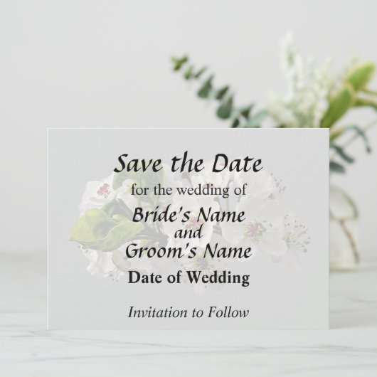 Bloeiende witte perenbloesems save the date (Staand voorkant)