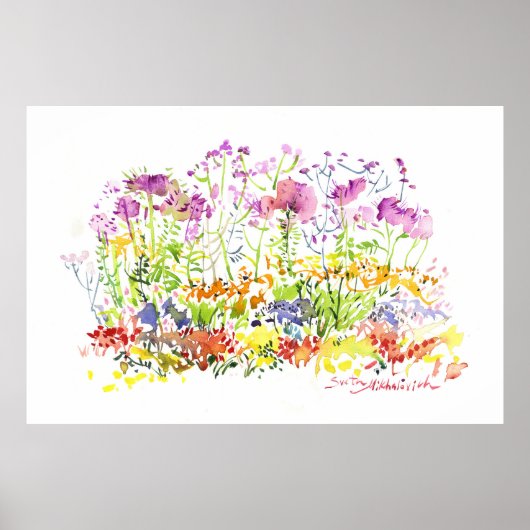 Bloeiende zomertuin - Handgeschilderd waterverf Poster (Voorkant)
