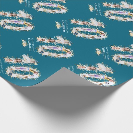 Bloem 10e verjaardag Blauwgroen Foto Collage Yello Cadeaupapier (Hoek)