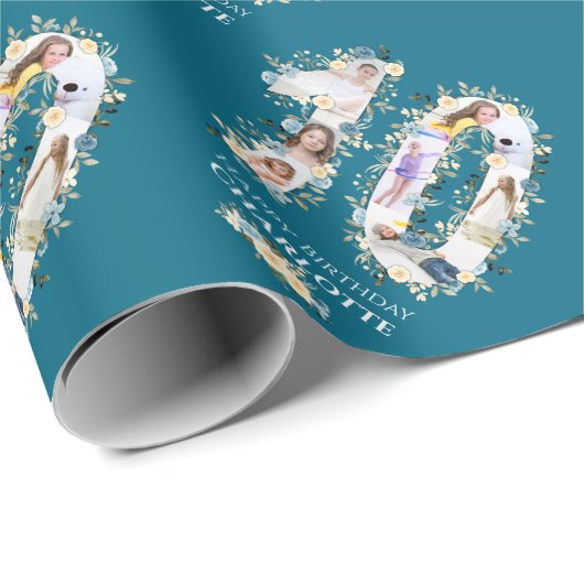 Bloem 10e verjaardag Blauwgroen Foto Collage Yello Cadeaupapier (Rol Hoek)
