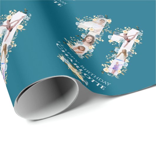 Bloem 11e verjaardag Blauwgroen Foto Collage Yello Cadeaupapier (Rol Hoek)