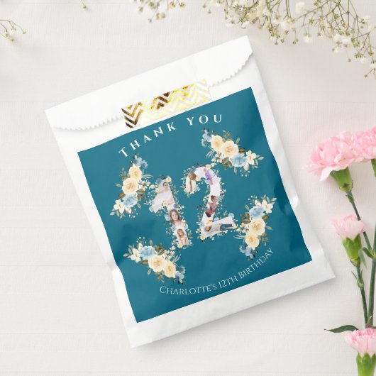 Bloem 12e verjaardag Blauwgroen Foto Collage Yello Bedankzakje (Gezegeld)
