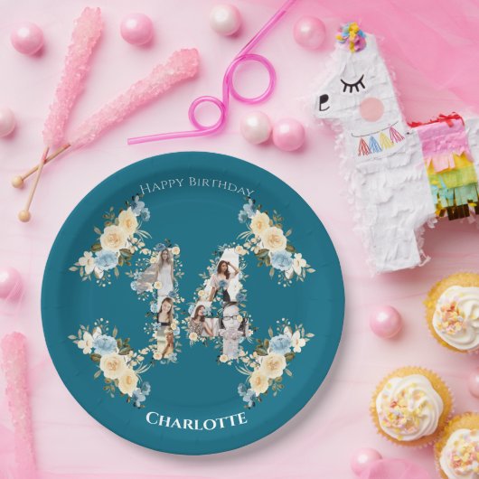 Bloem 14e verjaardag Blauwgroen Foto Collage Yello Papieren Bordje (Feest)