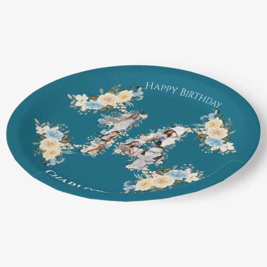 Bloem 14e verjaardag Blauwgroen Foto Collage Yello Papieren Bordje (Gekanteld)