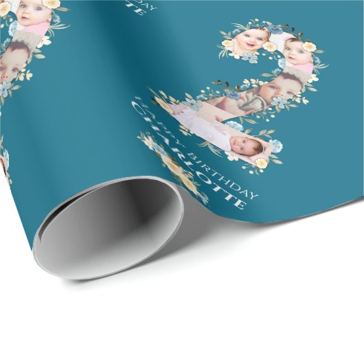 Bloem 2e verjaardag Blauwgroen Foto Collage Blauw Cadeaupapier (Rol Hoek)