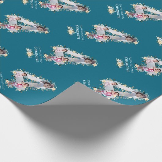 Bloem 4e verjaardag Blauwgroen Foto Collage Blauw  Cadeaupapier (Hoek)