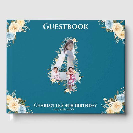 Bloem 4e verjaardag Blauwgroen Foto Collage Blauw  Gastenboek (Voorkant)