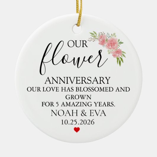 Bloem 5e jubileumcadeau, 5e huwelijksjaar keramisch ornament (Voorkant)