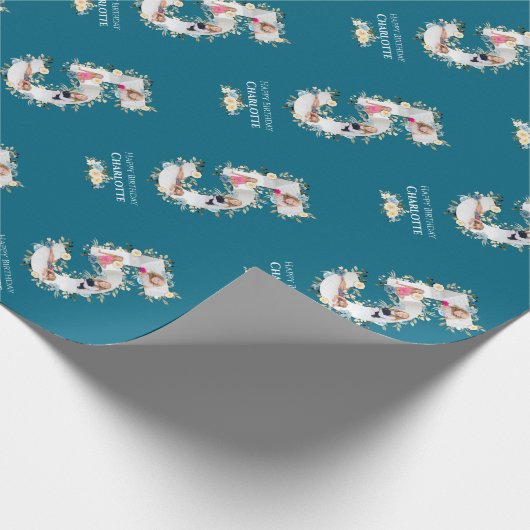 Bloem 5e verjaardag Blauwgroen Foto Collage Blauw  Cadeaupapier (Hoek)