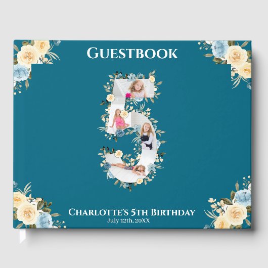 Bloem 5e verjaardag Blauwgroen Foto Collage Blauw  Gastenboek (Voorkant)