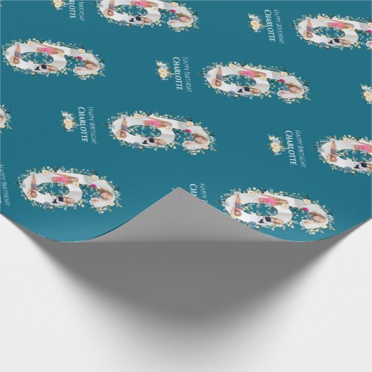 Bloem 6e verjaardag Blauwgroen Foto Collage Blauw  Cadeaupapier (Hoek)