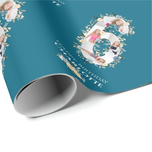 Bloem 6e verjaardag Blauwgroen Foto Collage Blauw  Cadeaupapier (Rol Hoek)