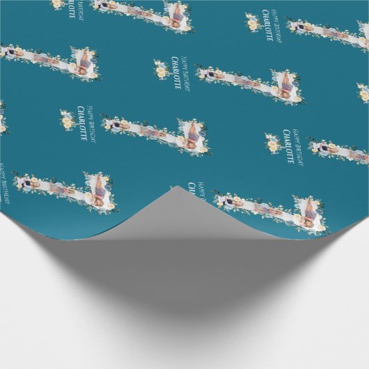 Bloem 7e verjaardag Blauwgroen Foto Collage Blauw  Cadeaupapier (Hoek)