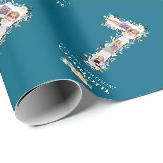Bloem 7e verjaardag Blauwgroen Foto Collage Blauw  Cadeaupapier (Rol Hoek)
