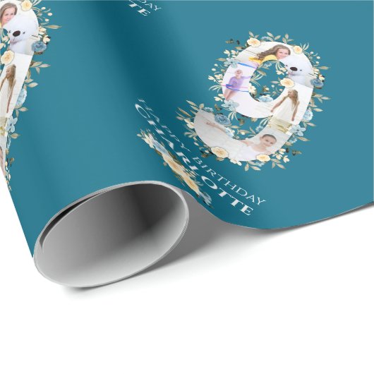 Bloem 9e verjaardag Blauwgroen Foto Collage Blauw  Cadeaupapier (Rol Hoek)