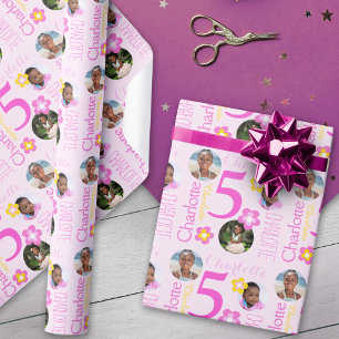 Bloem aangepaste naam foto's leeftijd 5e verjaarda cadeaupapier