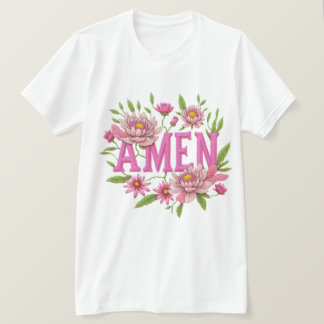 Bloem "Amen" Typografie Ontwerp – Roze Botanisch T-shirt