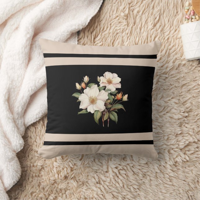  bloem beige en zwart Victoriaans Kussen (Deken)