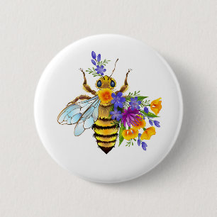 Bloem bij met wilde planten ronde button 5,7 cm