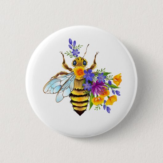Bloem bij met wilde planten ronde button 5,7 cm (Voorkant)