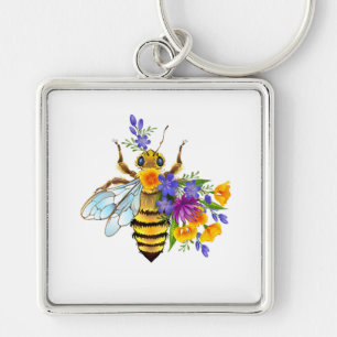 Bloem bij met wilde planten sleutelhanger