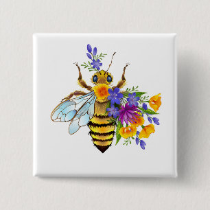 Bloem bij met wilde planten vierkante button 5,1 cm