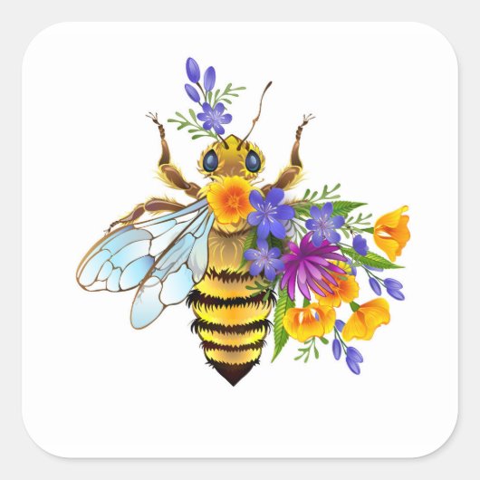 Bloem bij met wilde planten vierkante sticker (Voorkant)