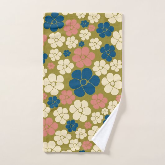 Bloem - blauw, olijfgroen, roze en crème bad handdoek (Handdoek)