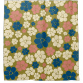 Bloem - blauw, olijfgroen, roze en crème douchegordijn (Voorkant)