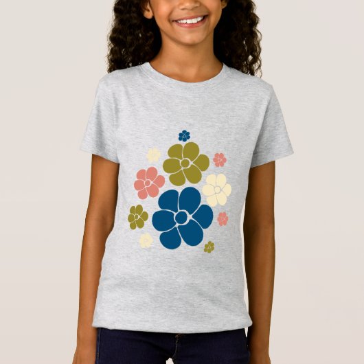 Bloem - blauw, olijfgroen, roze en crème t-shirt (Voorkant)