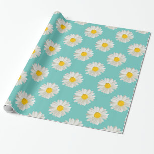 Bloem bloemendruk madeliefjes op kobaltblauw cadeaupapier