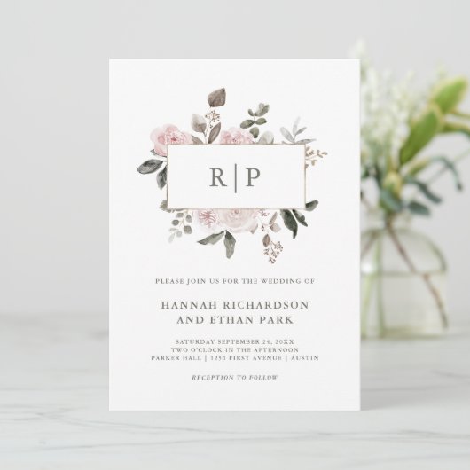  bloem | Blush Waterverf monogram bruiloft Kaart (Staand voorkant)