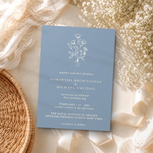Bloem Boho Minimaal Botanisch Stofblauw Bruiloft Kaart