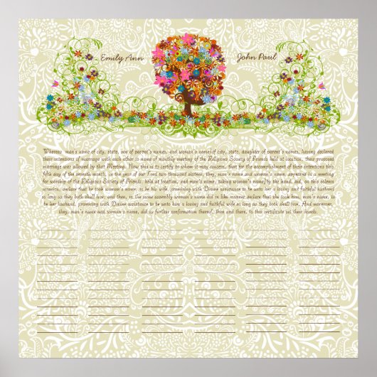 Bloem Boom Print Quaker Huwelijkscertificaat (Voorkant)