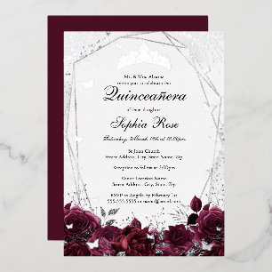 Bloem Bourgondië Zilveren Tiara Quinceanera Folie Uitnodiging