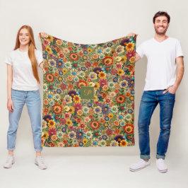 Bloem bruin oranje cottagecore Patroonnaam Fleece Deken
