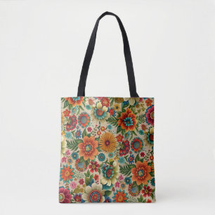 Bloem bruin paars oranje cottagecore Patroon  Tote Bag