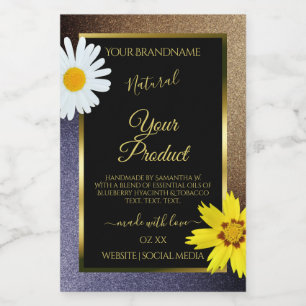 Bloem Bruine en Blauwe Glitter Zwarte Productlabel Voedselcontainer Etiket