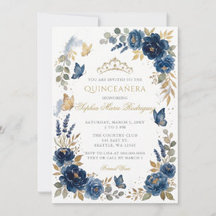 Bloem Butterfly Navy Gouden Tiara Quinceañera Kaart