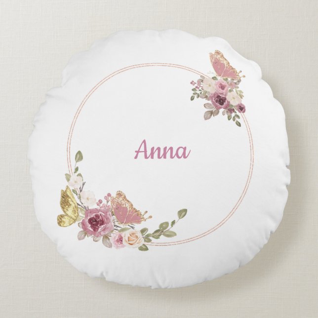 Bloem Butterfly Roze Goud – Aangepaste naam Rond Kussen (Voorkant)