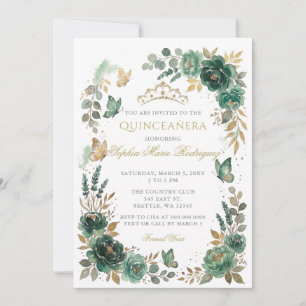 Bloem Butterfly Smaragd Gouden Tiara Quinceañera Kaart