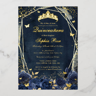 Bloem Butterfly Tiara Goud Marine Quinceanera Folie Uitnodiging