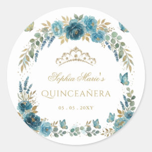 Bloem Butterfly Turquoise Gouden Tiara Quinceañera Ronde Sticker
