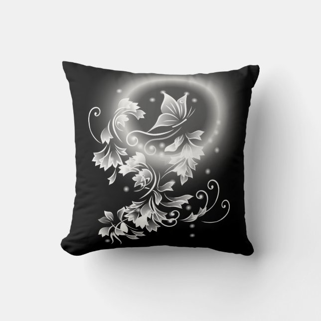 Bloem Butterfly Zwart En Wit Fantasie Kussen (Voorkant)