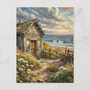 Bloem cottage aan het kuststrand briefkaart