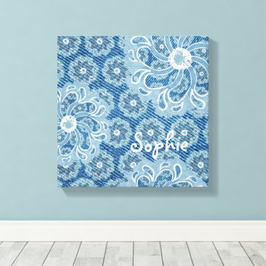 Bloem & denim vervaagd aqua vierkant canvas wrap (Insitu (Houten vloer))