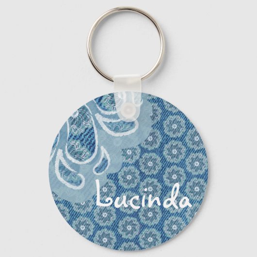 Bloem & denim vervaagde aqua naam sleutelhanger (Voorkant)