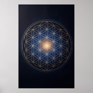 Bloem des Levens Heilige Geometrie Goud Blauw Spir Poster