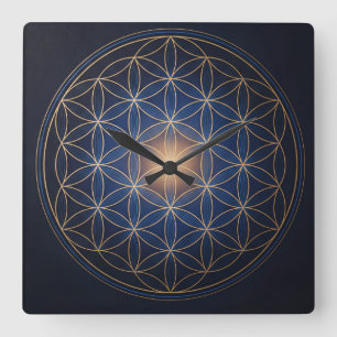 Bloem des Levens Heilige Geometrie Goud Blauw Spir Vierkante Klok