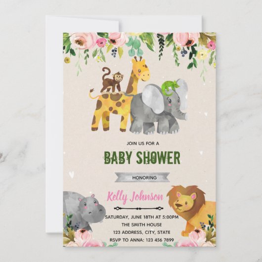 Bloem dierentuin dieren douche uitnodiging (Voorkant)